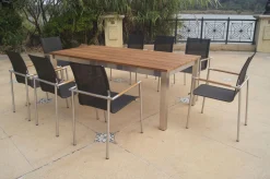 Online Garten-Essgruppe, natur/anthrazit, Edelstahl/Textilene/Teakholz, Ausziehtisch 220/340x100cm, 8 Diningsessel, FSC®-zertifiziertes Produkt Garten-Essgruppen