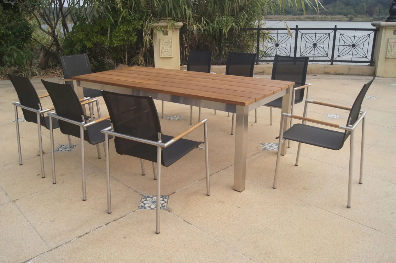 Online Garten-Essgruppe, natur/anthrazit, Edelstahl/Textilene/Teakholz, Ausziehtisch 220/340x100cm, 8 Diningsessel, FSC®-zertifiziertes Produkt Garten-Essgruppen