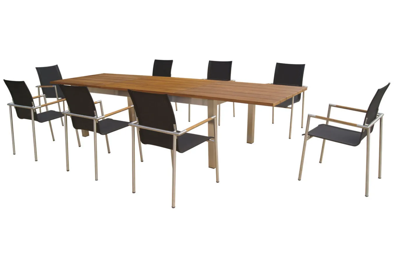 Online Garten-Essgruppe, natur/anthrazit, Edelstahl/Textilene/Teakholz, Ausziehtisch 220/340x100cm, 8 Diningsessel, FSC®-zertifiziertes Produkt Garten-Essgruppen