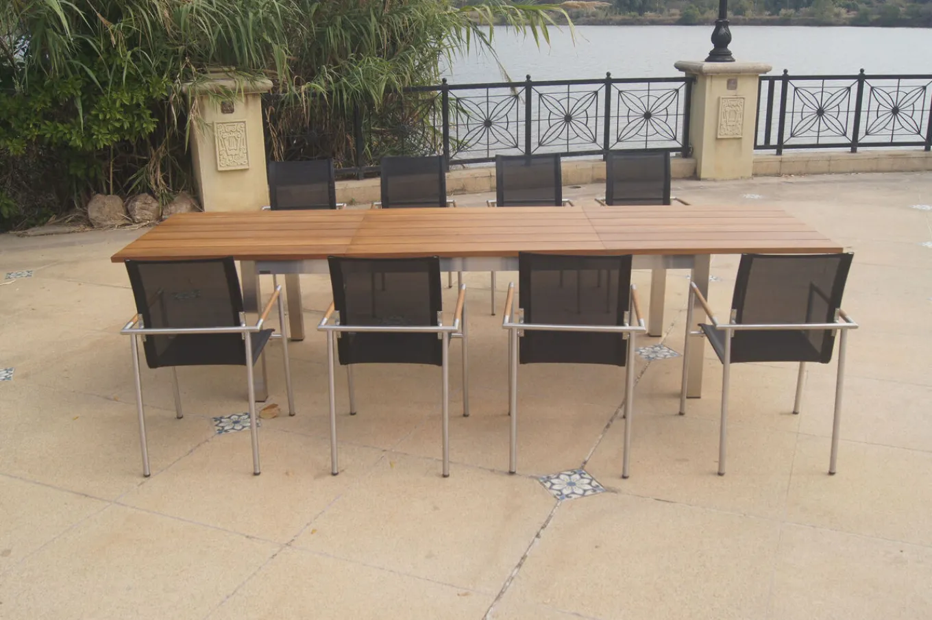 Online Garten-Essgruppe, natur/anthrazit, Edelstahl/Textilene/Teakholz, Ausziehtisch 220/340x100cm, 8 Diningsessel, FSC®-zertifiziertes Produkt Garten-Essgruppen