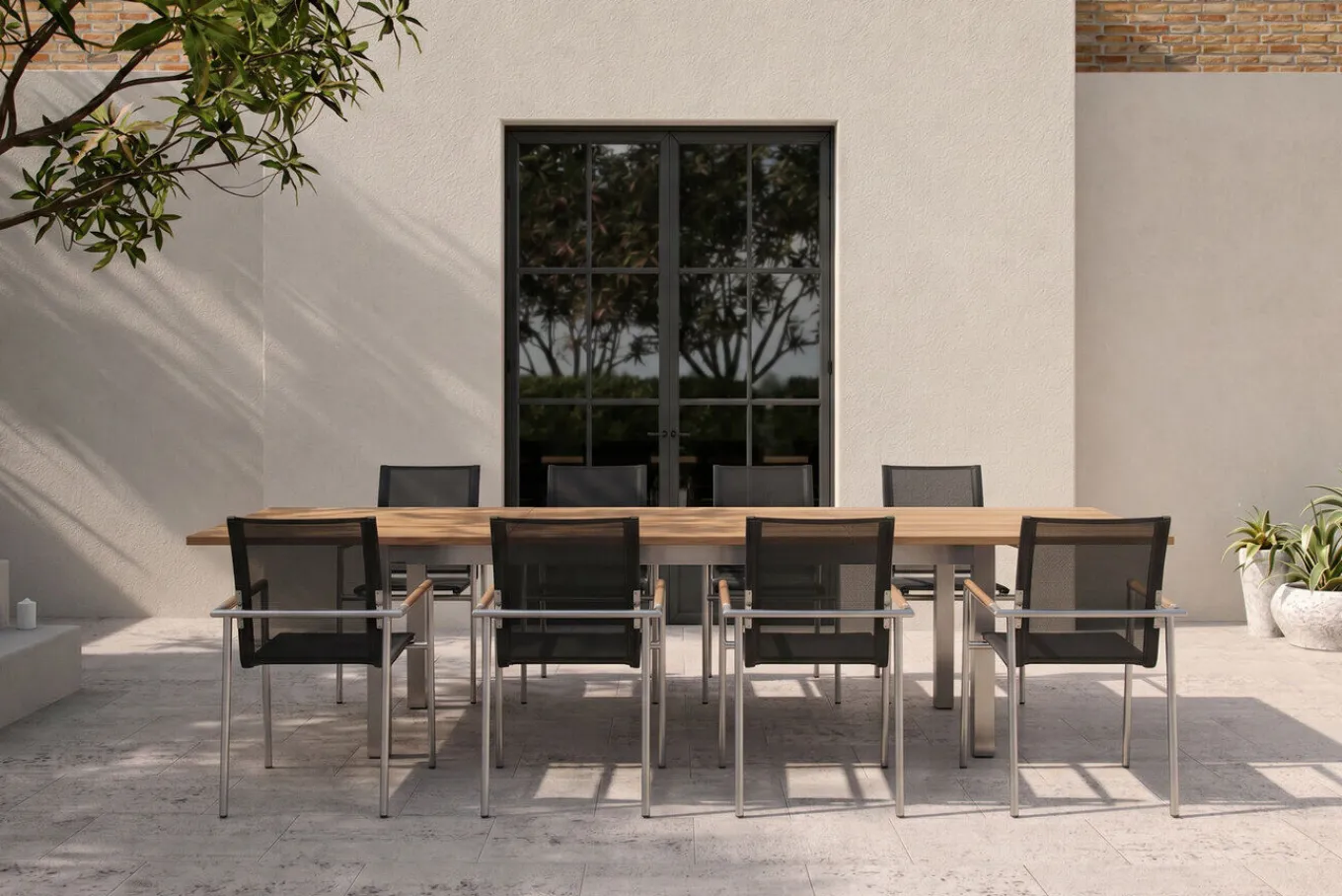 Online Garten-Essgruppe, natur/anthrazit, Edelstahl/Textilene/Teakholz, Ausziehtisch 220/340x100cm, 8 Diningsessel, FSC®-zertifiziertes Produkt Garten-Essgruppen