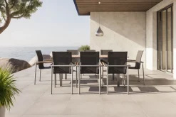 Discount Garten-Essgruppe, natur/anthrazit, Edelstahl/Textilene/Teak, Ausziehtisch 150/200x90cm, 8 Diningsessel Garten-Essgruppen|Edelstahl-Gartenmöbel