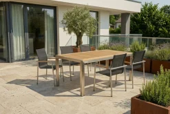 Garten-Essgruppe, natur/anthrazit, Edelstahl/Textilene/Teak, Tisch 180x90cm, 6 Diningsessel Garten-Essgruppen|Edelstahl-Gartenmöbel