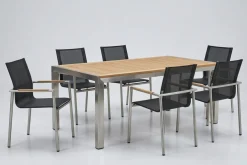 Garten-Essgruppe, natur/anthrazit, Edelstahl/Textilene/Teak, Tisch 180x90cm, 6 Diningsessel Garten-Essgruppen|Edelstahl-Gartenmöbel
