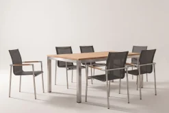 Garten-Essgruppe, natur/anthrazit, Edelstahl/Textilene/Teakholz, Ausziehtisch 180/240x100cm, 6 Diningsessel, FSC®-zertifiziertes Produkt Garten-Essgruppen
