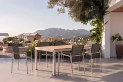 Garten-Essgruppe, natur/anthrazit, Edelstahl/Textilene/Teakholz, Ausziehtisch 180/240x100cm, 6 Diningsessel, FSC®-zertifiziertes Produkt Garten-Essgruppen