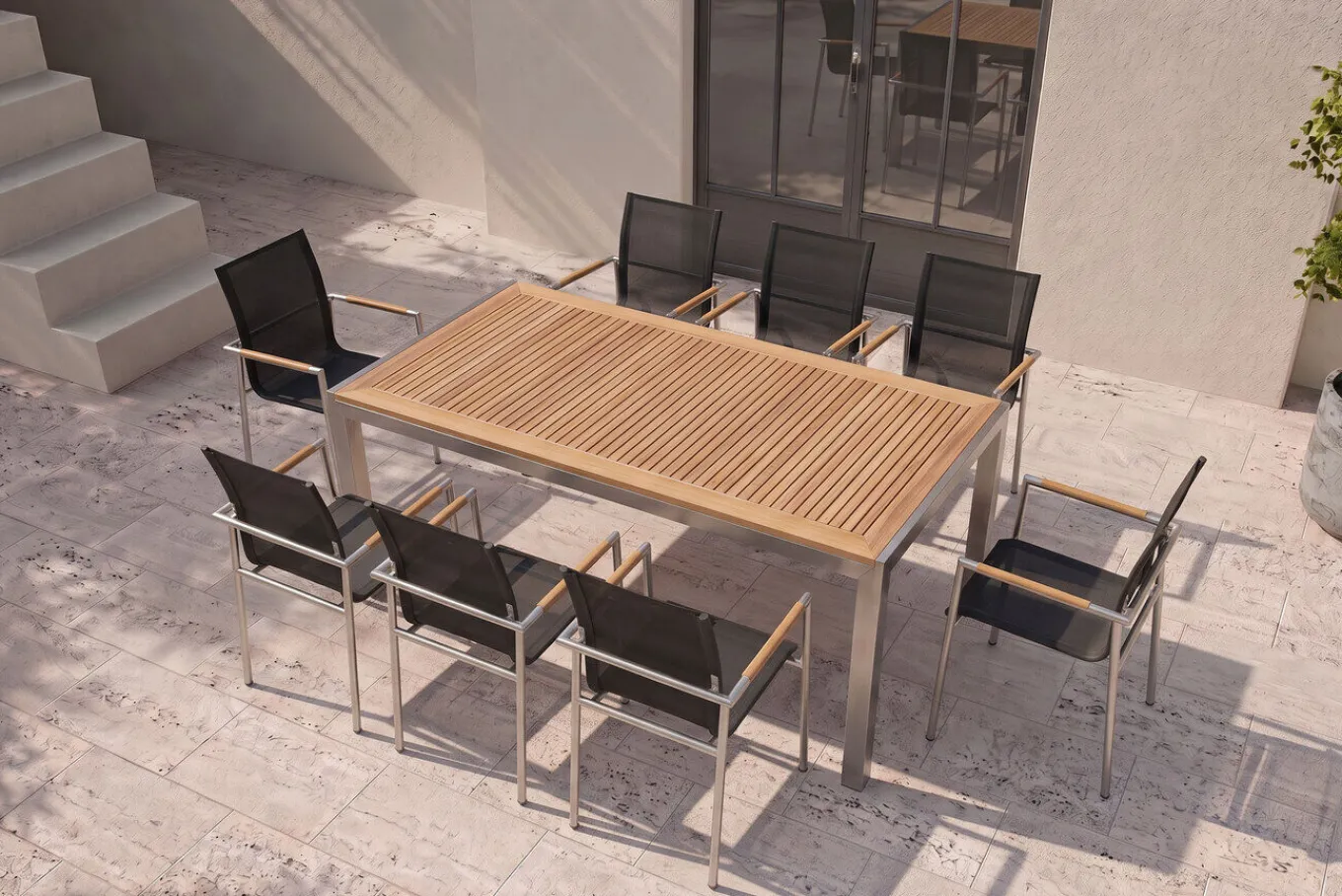 Clearance Garten-Essgruppe, natur/anthrazit, Edelstahl/Textilene/Teak, Tisch 180x90cm, 8 Diningsessel Garten-Essgruppen|Edelstahl-Gartenmöbel