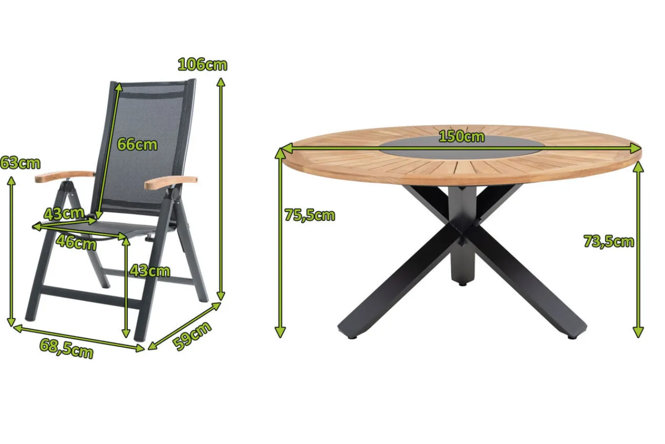 Online Garten-Essgruppe, ® anthrazit matt, Aluminium / Teak / Textil, Ø 150 cm, 5 Klappstühle, mit Teak-Armlehnen Garten-Essgruppen