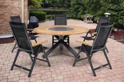 Online Garten-Essgruppe, ® anthrazit matt, Aluminium / Teak / Textil, Ø 150 cm, 5 Klappstühle, mit Teak-Armlehnen Garten-Essgruppen