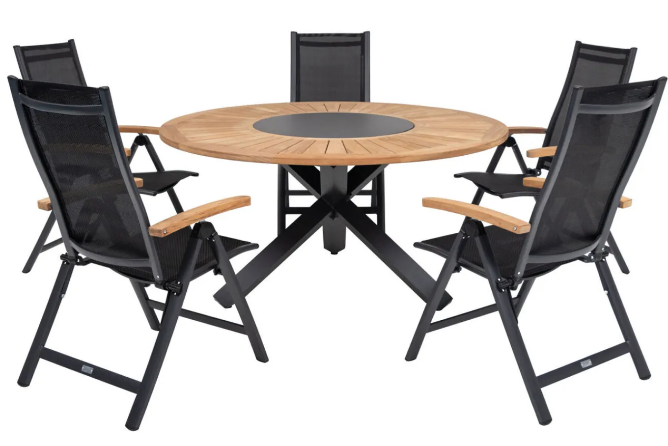 Online Garten-Essgruppe, ® anthrazit matt, Aluminium / Teak / Textil, Ø 150 cm, 5 Klappstühle, mit Teak-Armlehnen Garten-Essgruppen
