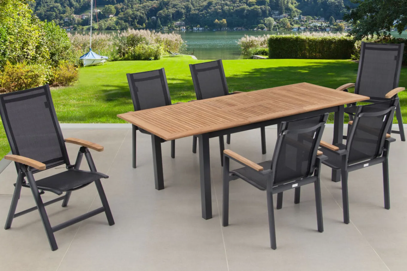 New Garten-Essgruppe, ® anthrazit matt, Alu / Teak / Textil, Tisch 150/210 x 90 cm, 4 Stapelsessel, 2 Klappstühle Garten-Essgruppen|Aluminium-Gartenmöbel