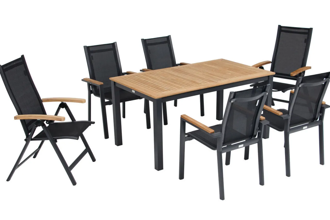 New Garten-Essgruppe, ® anthrazit matt, Alu / Teak / Textil, Tisch 150/210 x 90 cm, 4 Stapelsessel, 2 Klappstühle Garten-Essgruppen|Aluminium-Gartenmöbel