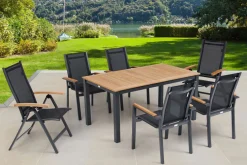 New Garten-Essgruppe, ® anthrazit matt, Alu / Teak / Textil, Tisch 150/210 x 90 cm, 4 Stapelsessel, 2 Klappstühle Garten-Essgruppen|Aluminium-Gartenmöbel