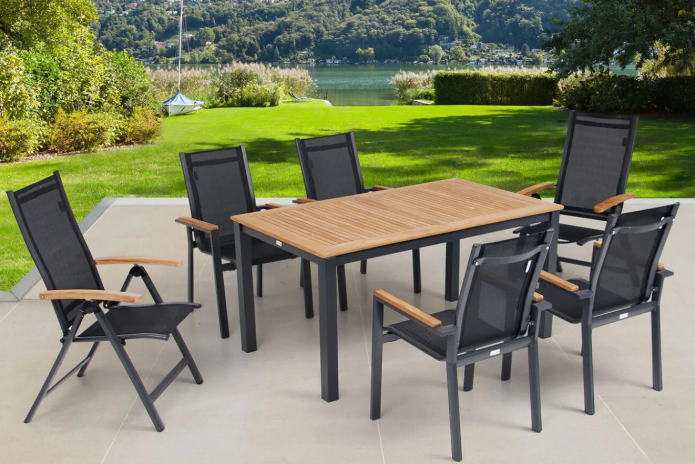 New Garten-Essgruppe, ® anthrazit matt, Alu / Teak / Textil, Tisch 150/210 x 90 cm, 4 Stapelsessel, 2 Klappstühle Garten-Essgruppen|Aluminium-Gartenmöbel