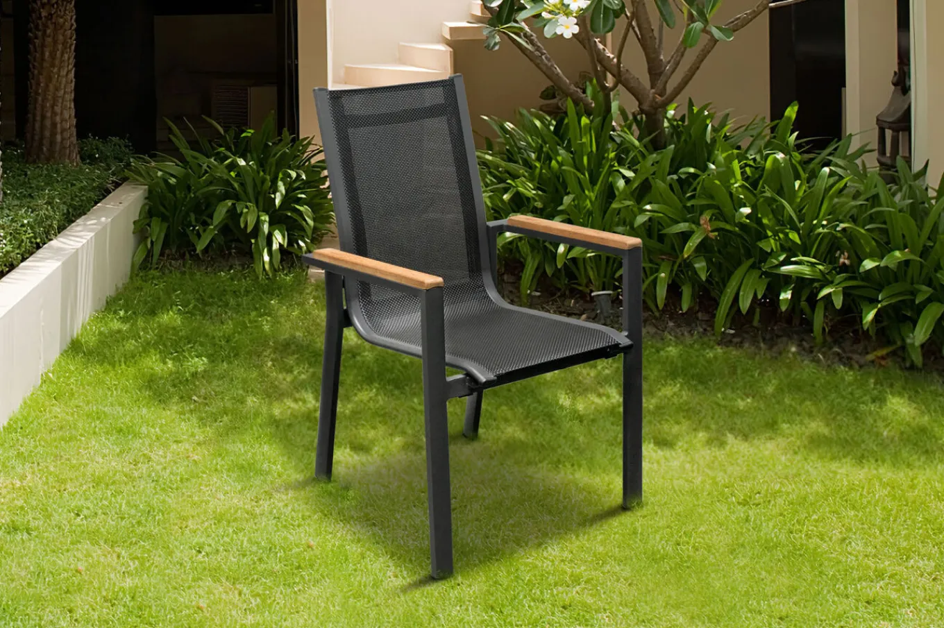 New Garten-Essgruppe, ® anthrazit matt, Alu / Teak / Textil, Tisch 150/210 x 90 cm, 4 Stapelsessel, 2 Klappstühle Garten-Essgruppen|Aluminium-Gartenmöbel