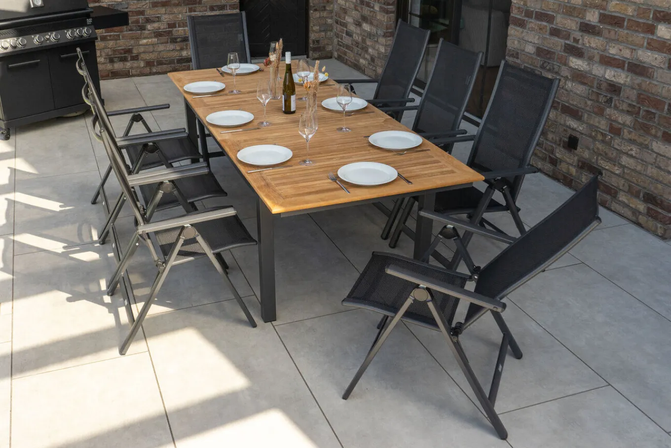 Sale Garten-Essgruppe, ® anthrazit matt, Alu / Teak / Textil, Ausziehtisch 180/240 x 100cm, 8 Klappstühle Garten-Essgruppen