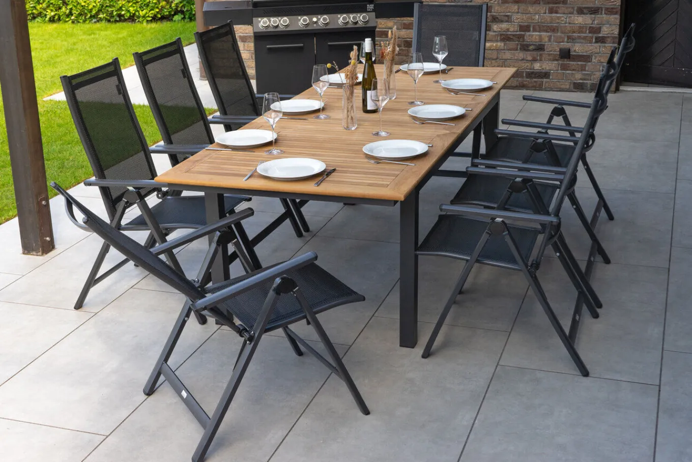 Sale Garten-Essgruppe, ® anthrazit matt, Alu / Teak / Textil, Ausziehtisch 180/240 x 100cm, 8 Klappstühle Garten-Essgruppen