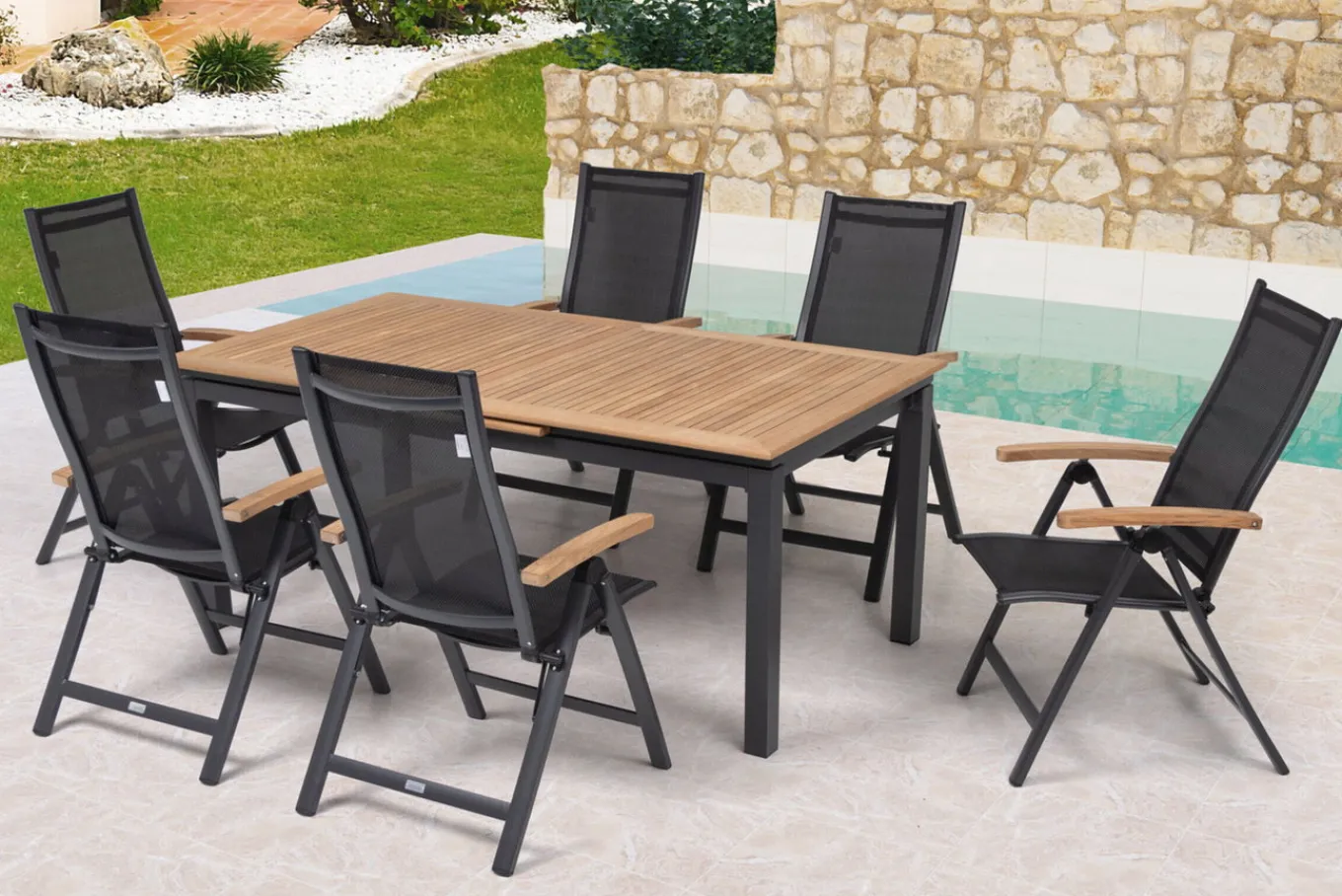 Sale Garten-Essgruppe, ® anthrazit matt, Alu / Teak / Textil, Tisch 180/240x100cm, 6 Klappstühle Garten-Essgruppen
