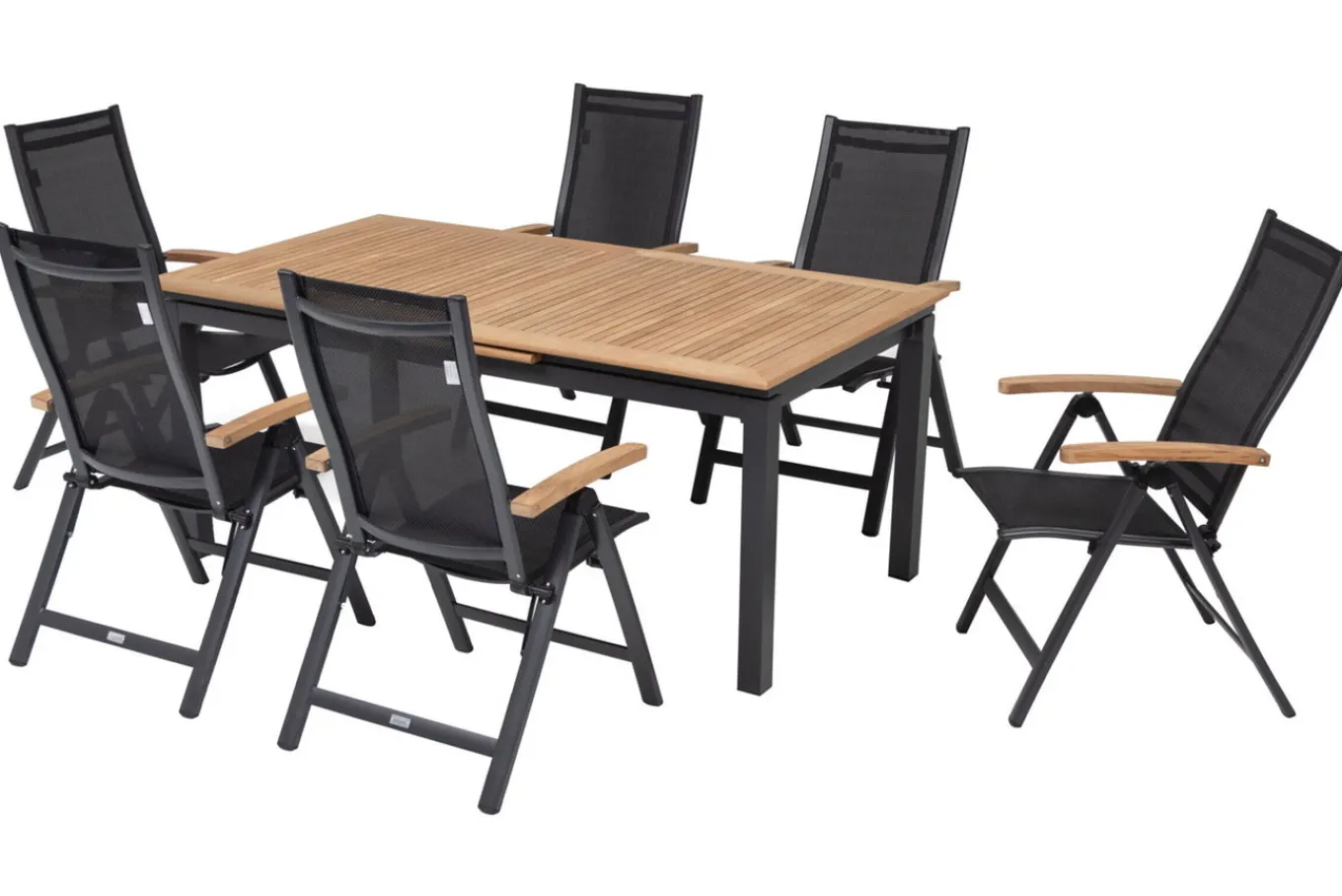 Sale Garten-Essgruppe, ® anthrazit matt, Alu / Teak / Textil, Tisch 180/240x100cm, 6 Klappstühle Garten-Essgruppen