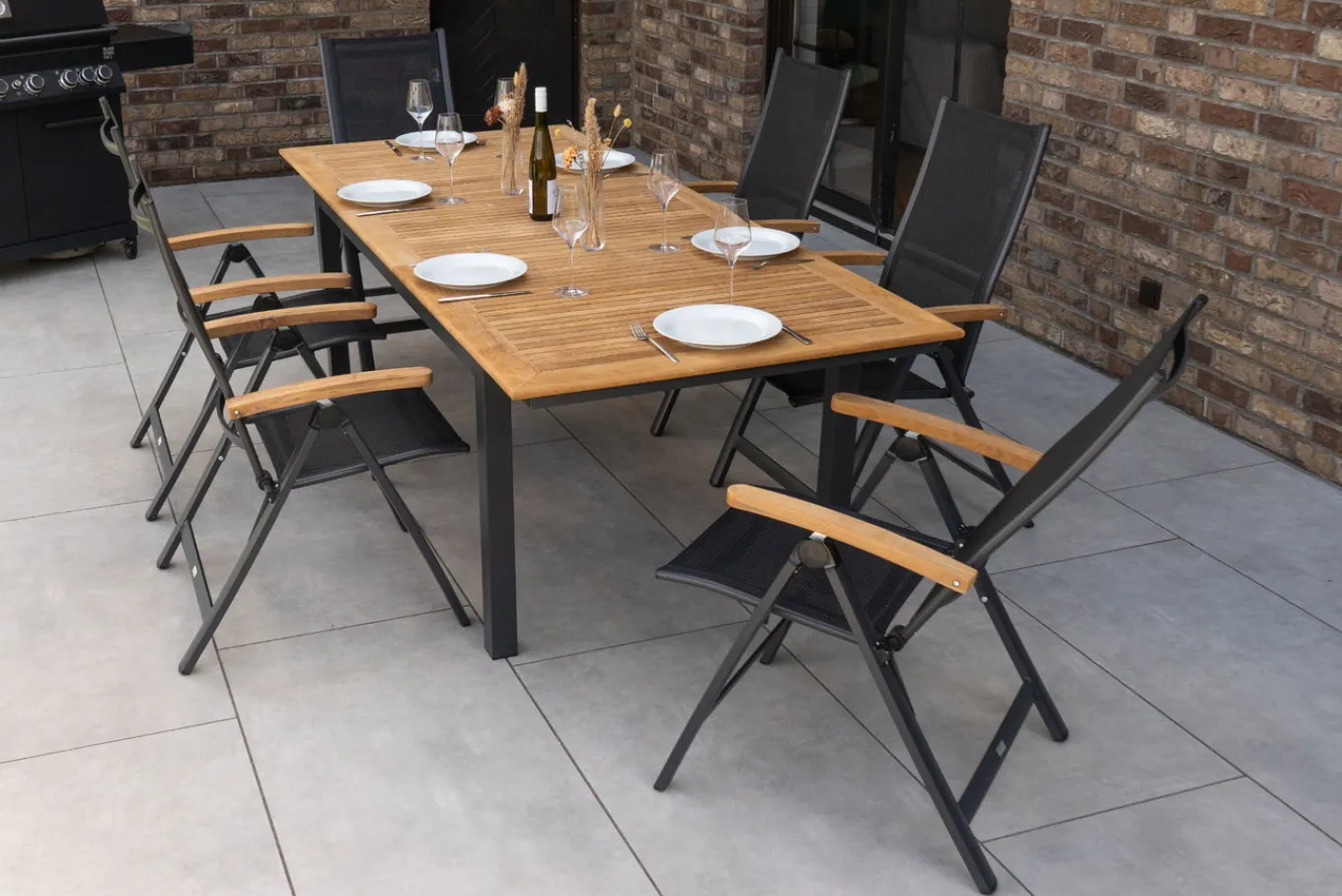 Sale Garten-Essgruppe, ® anthrazit matt, Alu / Teak / Textil, Tisch 180/240x100cm, 6 Klappstühle Garten-Essgruppen