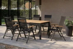 Sale Garten-Essgruppe, ® anthrazit matt, Alu / Teak / Textil, Tisch 180/240x100cm, 6 Klappstühle Garten-Essgruppen