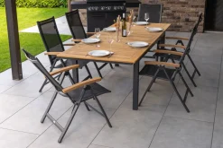 Sale Garten-Essgruppe, ® anthrazit matt, Alu / Teak / Textil, Tisch 180/240x100cm, 6 Klappstühle Garten-Essgruppen