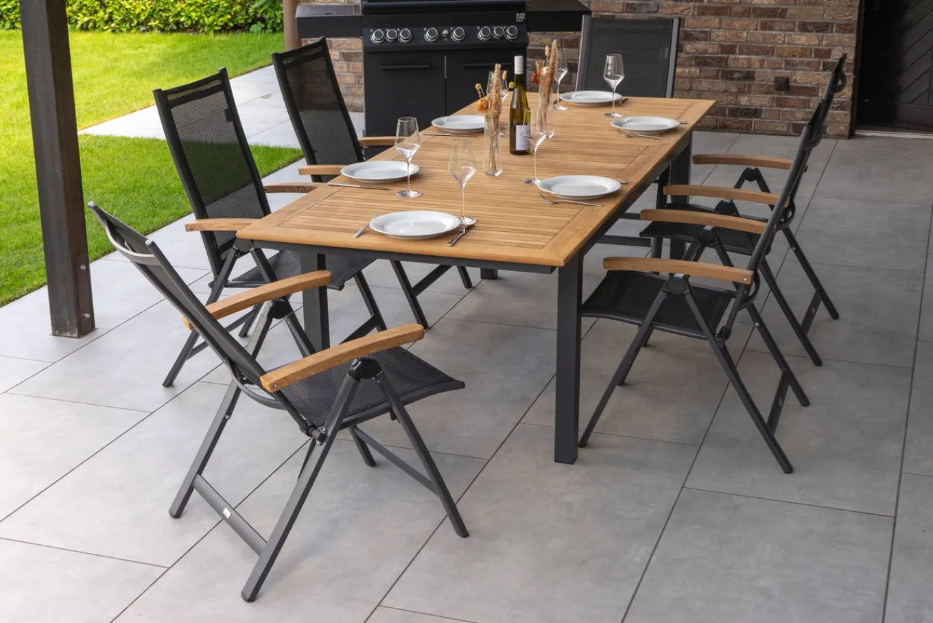 Sale Garten-Essgruppe, ® anthrazit matt, Alu / Teak / Textil, Tisch 180/240x100cm, 6 Klappstühle Garten-Essgruppen