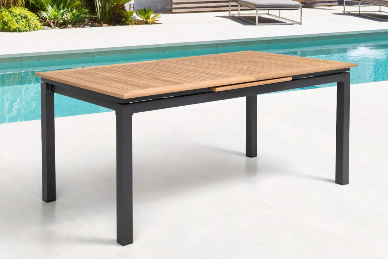 Sale Garten-Essgruppe, ® anthrazit matt, Alu / Teak / Textil, Tisch 180/240x100cm, 6 Klappstühle Garten-Essgruppen
