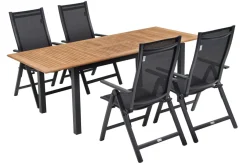 Sale Garten-Essgruppe, ® anthrazit matt, Alu / Teak / Textil, Ausziehtisch 150/210 x 90 cm, 4 Klappstühle Garten-Essgruppen