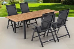 Sale Garten-Essgruppe, ® anthrazit matt, Alu / Teak / Textil, Ausziehtisch 150/210 x 90 cm, 4 Klappstühle Garten-Essgruppen