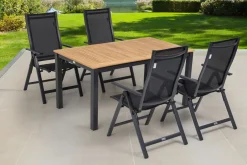 Sale Garten-Essgruppe, ® anthrazit matt, Alu / Teak / Textil, Ausziehtisch 150/210 x 90 cm, 4 Klappstühle Garten-Essgruppen