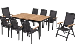 Best Garten-Essgruppe, ® anthrazit matt, Alu / Teak / Textil, Tisch 180/240 x 100cm, 6 Stapelsessel, 2 Klappstühle Garten-Essgruppen|Aluminium-Gartenmöbel