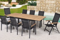 Best Garten-Essgruppe, ® anthrazit matt, Alu / Teak / Textil, Tisch 180/240 x 100cm, 6 Stapelsessel, 2 Klappstühle Garten-Essgruppen|Aluminium-Gartenmöbel