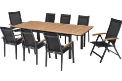 Best Garten-Essgruppe, ® anthrazit matt, Alu / Teak / Textil, Tisch 180/240 x 100cm, 6 Stapelsessel, 2 Klappstühle Garten-Essgruppen|Aluminium-Gartenmöbel