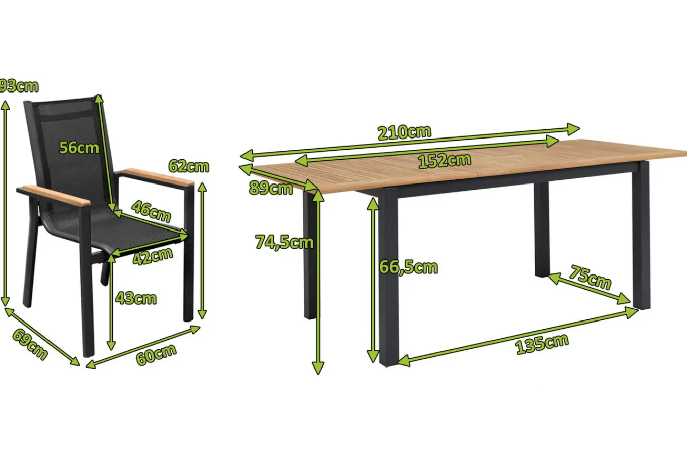Garten-Essgruppe, ® anthrazit matt, Alu / Teak / Textil, Tisch 150/210x90cm, 8 Stapelsessel Garten-Essgruppen