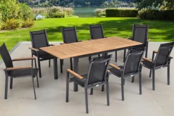 Garten-Essgruppe, ® anthrazit matt, Alu / Teak / Textil, Tisch 150/210x90cm, 8 Stapelsessel Garten-Essgruppen