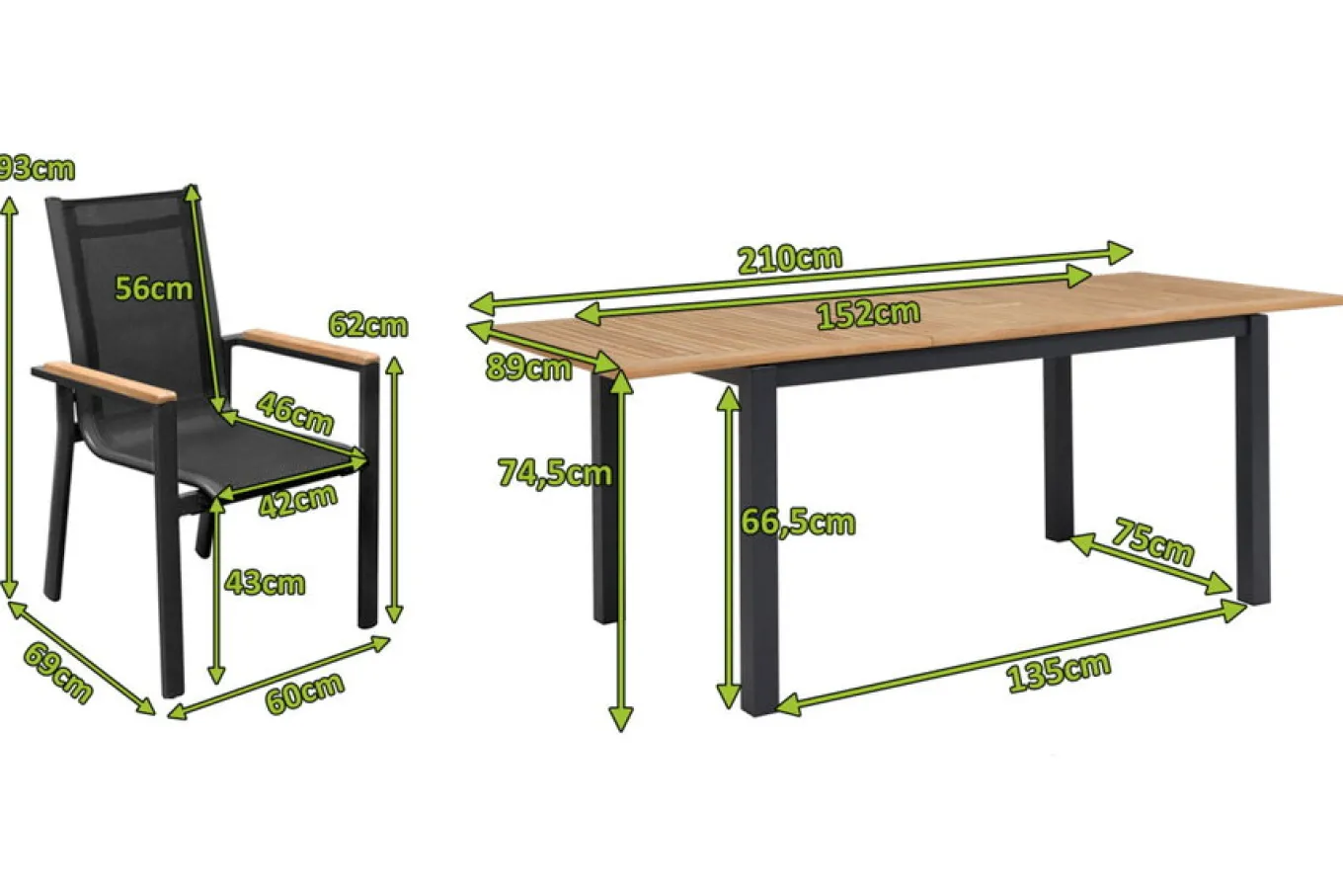 Garten-Essgruppe, ® anthrazit matt, Alu / Teak / Textil, Tisch 150/210x90cm, 8 Stapelsessel Garten-Essgruppen