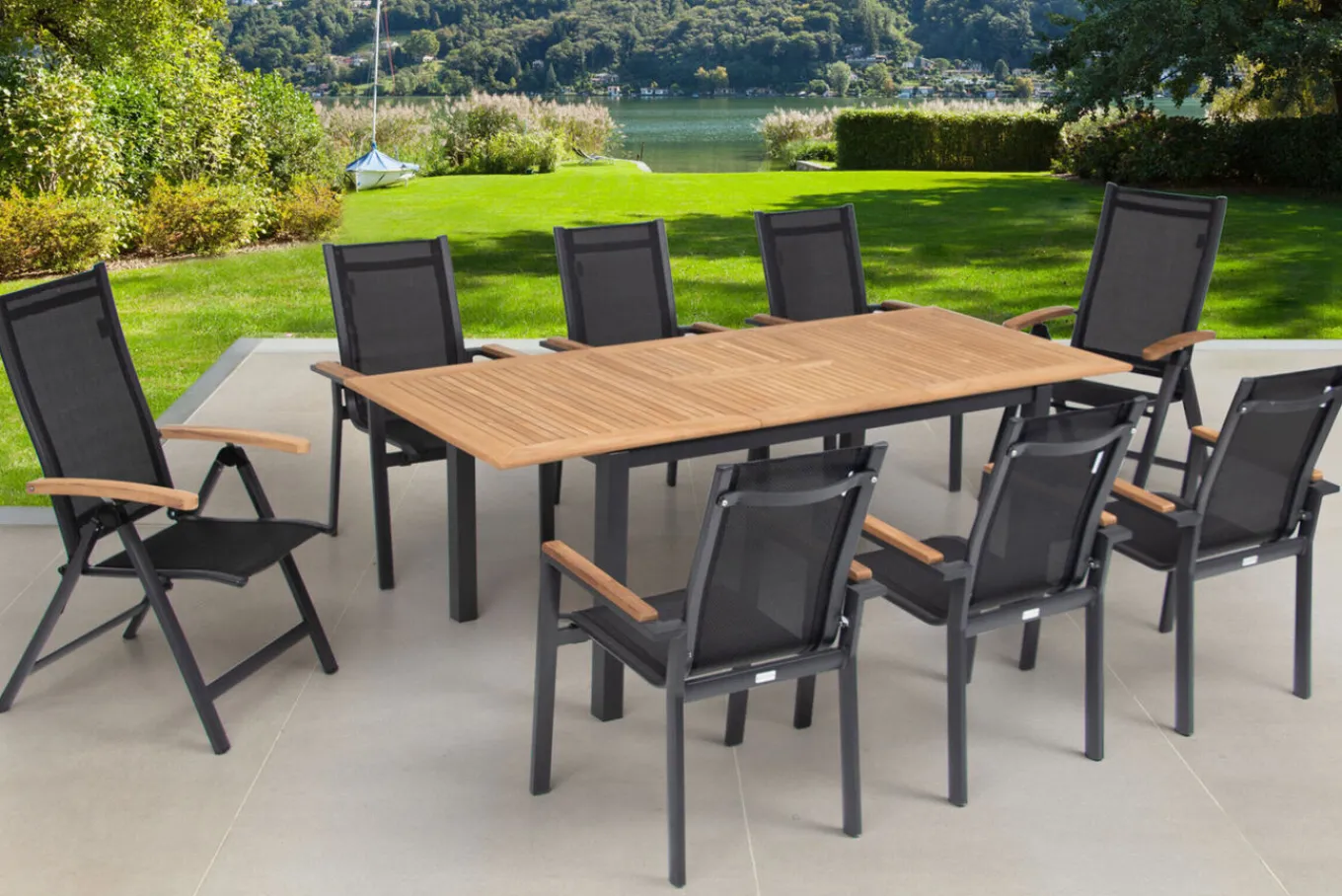 Garten-Essgruppe, ® anthrazit matt, Alu / Teak / Textil, Tisch 150/210 x 90 cm, 6 Stapelsessel, 2 Klappstühle Garten-Essgruppen