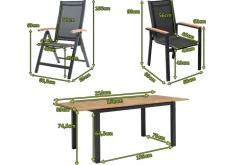 Garten-Essgruppe, ® anthrazit matt, Alu / Teak / Textil, Tisch 150/210 x 90 cm, 6 Stapelsessel, 2 Klappstühle Garten-Essgruppen