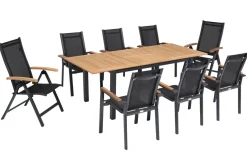 Garten-Essgruppe, ® anthrazit matt, Alu / Teak / Textil, Tisch 150/210 x 90 cm, 6 Stapelsessel, 2 Klappstühle Garten-Essgruppen