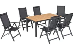Best Garten-Essgruppe, ® anthrazit matt, Alu / Teak / Textil, Ausziehtisch 150/210 x 90 cm, 6 Klappstühle Garten-Essgruppen|Aluminium-Gartenmöbel