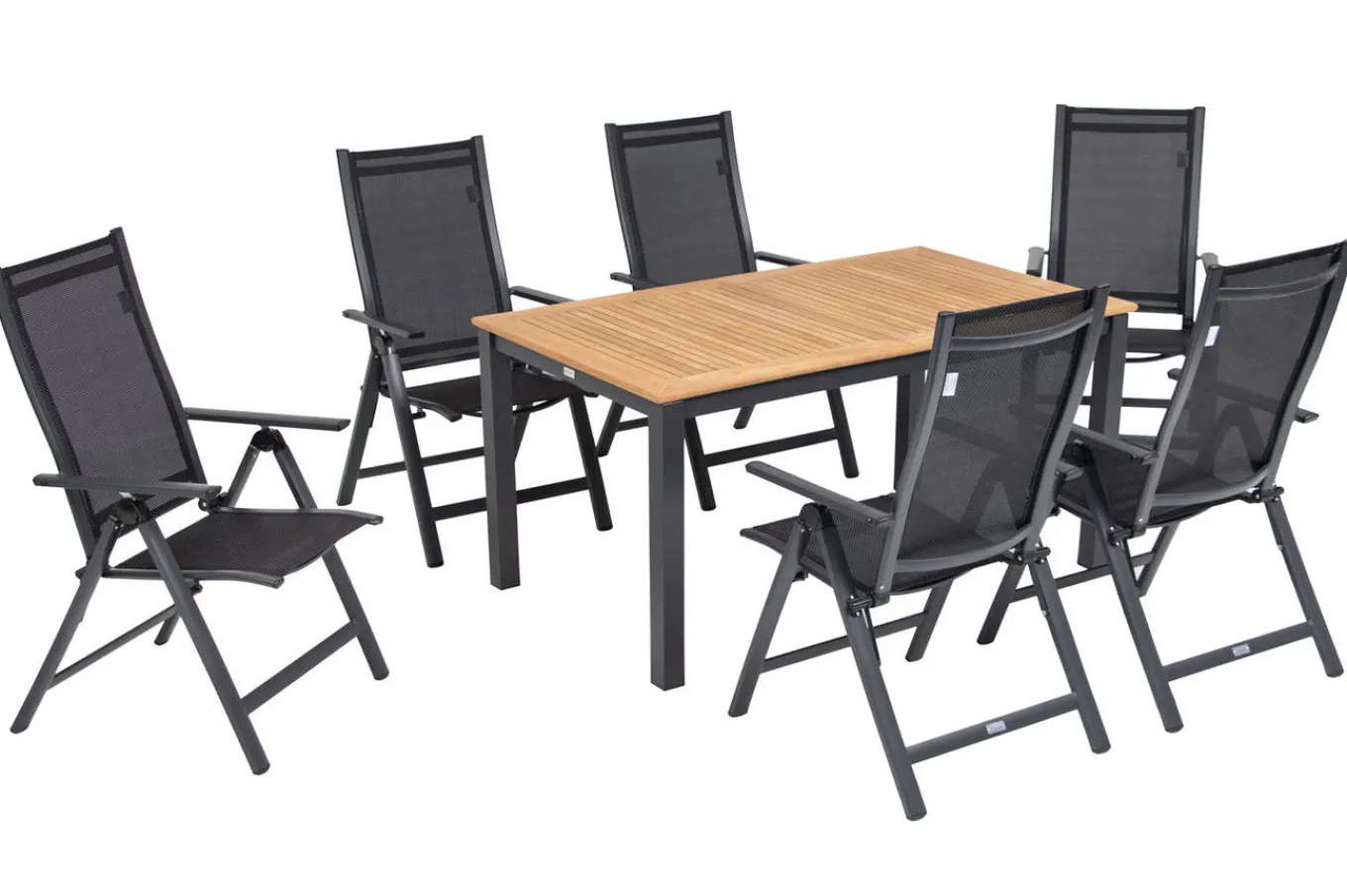 Best Garten-Essgruppe, ® anthrazit matt, Alu / Teak / Textil, Ausziehtisch 150/210 x 90 cm, 6 Klappstühle Garten-Essgruppen|Aluminium-Gartenmöbel