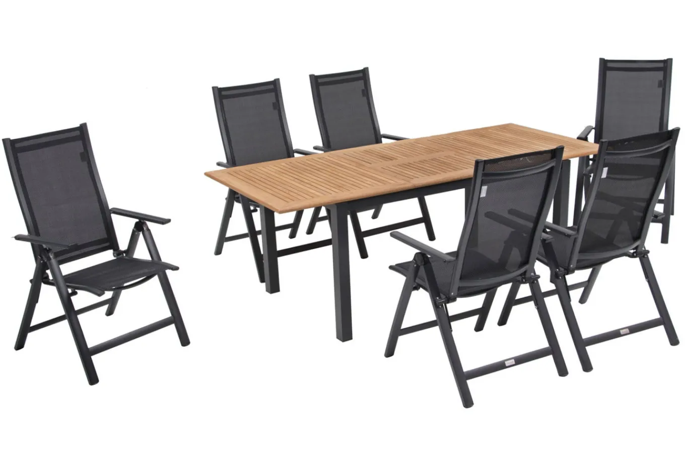 Best Garten-Essgruppe, ® anthrazit matt, Alu / Teak / Textil, Ausziehtisch 150/210 x 90 cm, 6 Klappstühle Garten-Essgruppen|Aluminium-Gartenmöbel