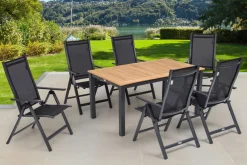 Best Garten-Essgruppe, ® anthrazit matt, Alu / Teak / Textil, Ausziehtisch 150/210 x 90 cm, 6 Klappstühle Garten-Essgruppen|Aluminium-Gartenmöbel