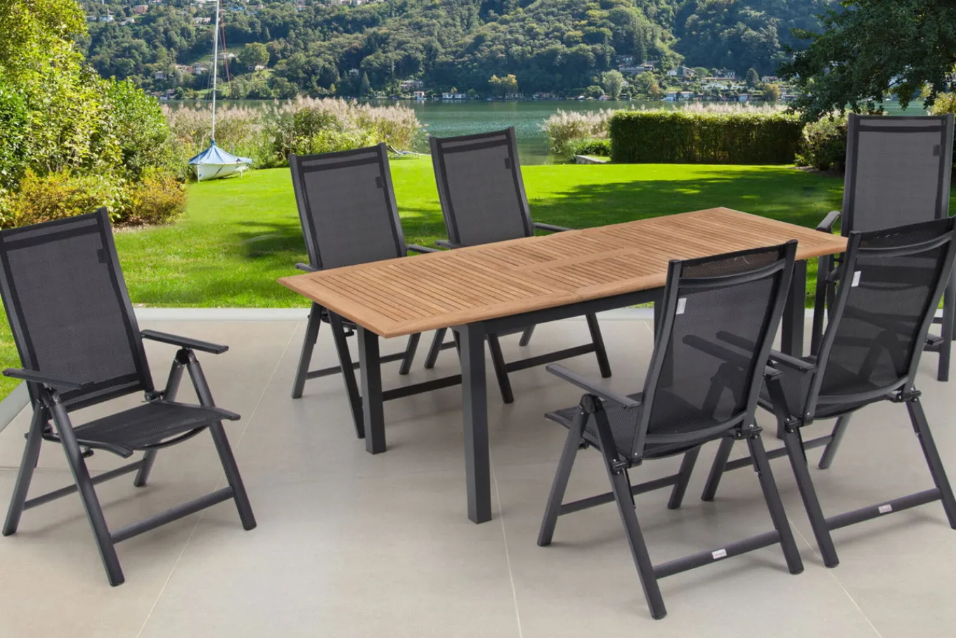 Best Garten-Essgruppe, ® anthrazit matt, Alu / Teak / Textil, Ausziehtisch 150/210 x 90 cm, 6 Klappstühle Garten-Essgruppen|Aluminium-Gartenmöbel