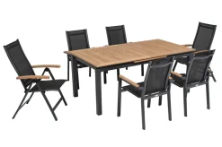 Best Garten-Essgruppe, ® anthrazit matt, Alu / Teak / Textil, Tisch 180/240 x 100cm, 4 Stapelsessel, 2 Klappstühle Garten-Essgruppen|Aluminium-Gartenmöbel