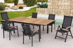 Best Garten-Essgruppe, ® anthrazit matt, Alu / Teak / Textil, Tisch 180/240 x 100cm, 4 Stapelsessel, 2 Klappstühle Garten-Essgruppen|Aluminium-Gartenmöbel