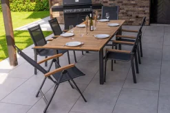 Best Garten-Essgruppe, ® anthrazit matt, Alu / Teak / Textil, Tisch 180/240 x 100cm, 4 Stapelsessel, 2 Klappstühle Garten-Essgruppen|Aluminium-Gartenmöbel
