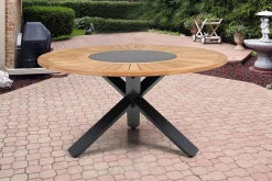 Sale Garten-Essgruppe, ® anthrazit matt, Alu / Teak / Textil, Esstisch Ø 150 cm, 5 Stapelstühle Garten-Essgruppen