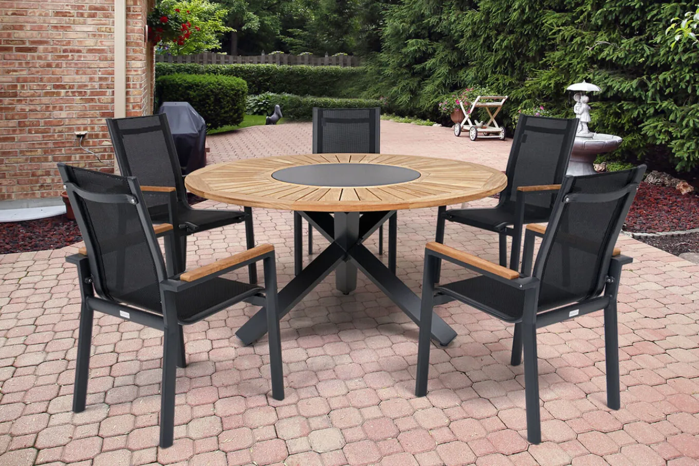 Sale Garten-Essgruppe, ® anthrazit matt, Alu / Teak / Textil, Esstisch Ø 150 cm, 5 Stapelstühle Garten-Essgruppen